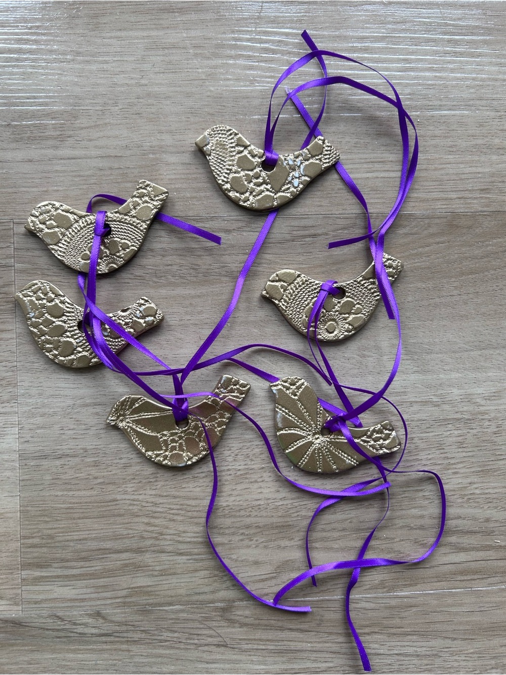 Gold Decorative Bird Ornaments with Purple Ribbon (Set of 6) - Picture 1 of 2